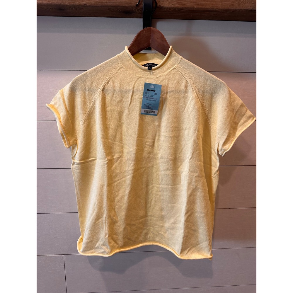 Anne Klein Womens Mock Neck Short Sleeve Sweater Yellow Knit Top Large NWT